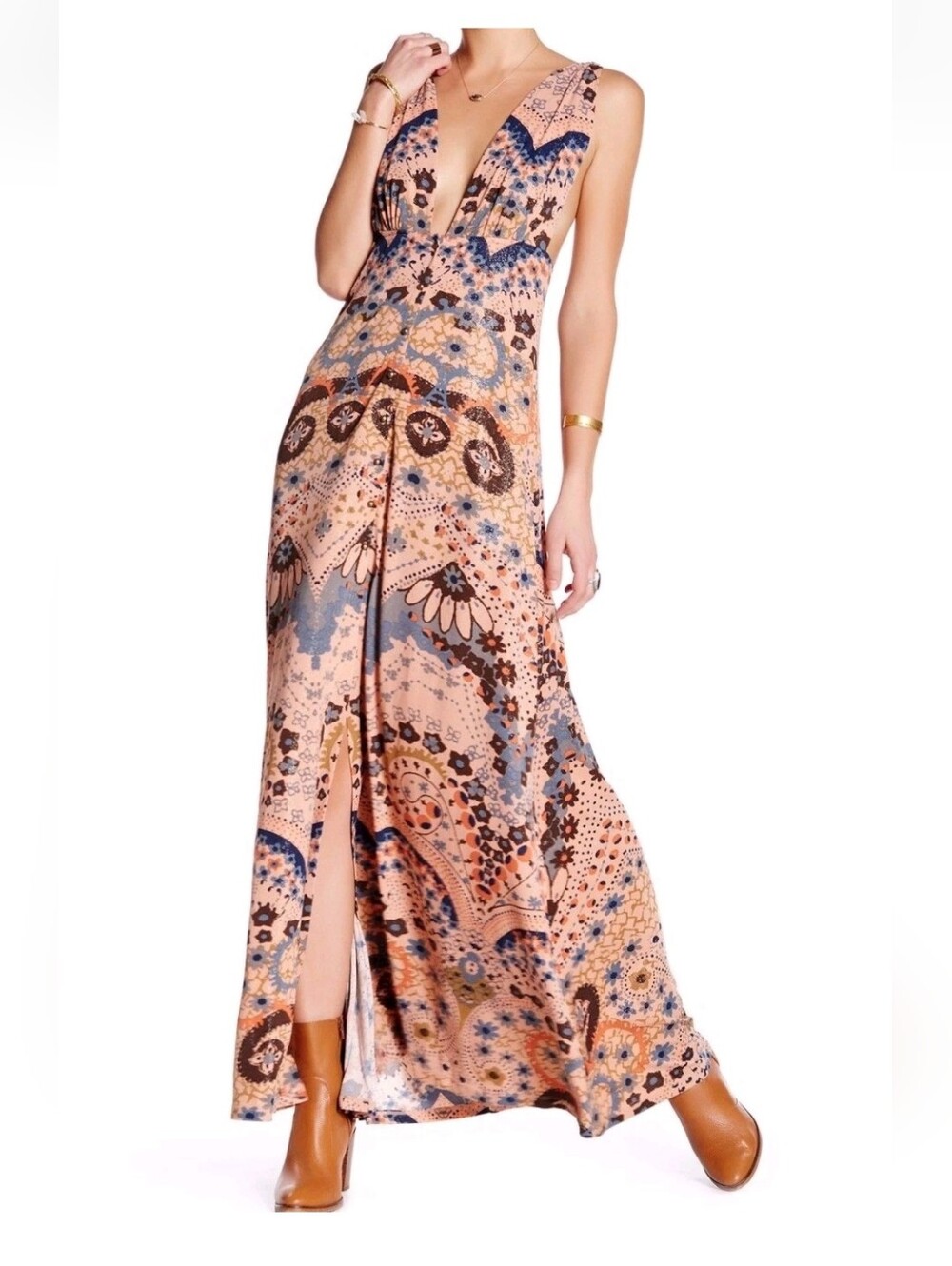 FREE PEOPLE SLEEVELESS PRINT MAXI DRESS ROSE TAUPE COMBO Size Medium